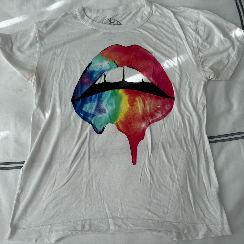 Chaser White Tee with Rainbow Lips Graphic